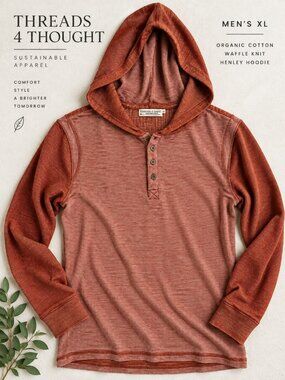 Threads 4 Thought Men’s XL Rust Waffle Knit Henley Hoodie Organic Cotton